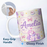Personalized Custom Name Cute Unicorn Pastel Stars Birds Bows Candy Cream Seamless Pattern 11oz Ceramic Coffee Tea Mug White Large Handle