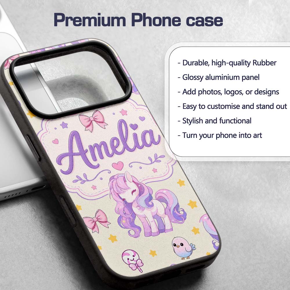 Cute Unicorn Pastel Stars Birds Bows Candy Cream Custom Name Protective Phone Case Mobile Cover Durable Everyday Smartphone Shock Resistant