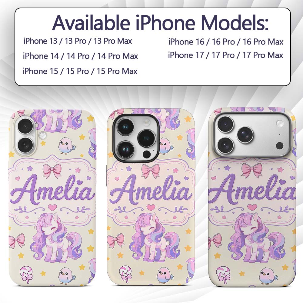 Cute Unicorn Pastel Stars Birds Bows Candy Cream Custom Name Protective Phone Case Mobile Cover Durable Everyday Smartphone Shock Resistant