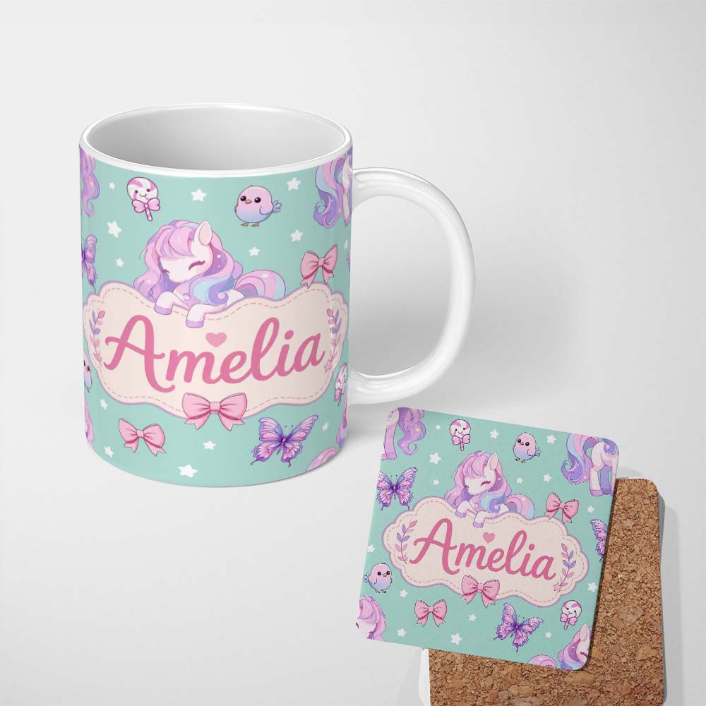 Personalized Custom Name Cute Unicorn Pastel Stars Birds Bows Candy Mint Seamless Pattern 11oz Ceramic Coffee Tea Mug White Large Handle