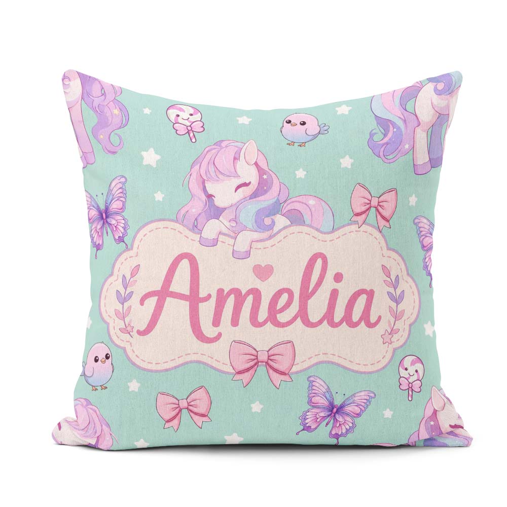 Custom Name Unicorn Stars Birds Bows Candy Mint Seamless Pattern Square Filled Cushion Throw Pillow Sofa Bed Home Decor Zip Washable UK Made