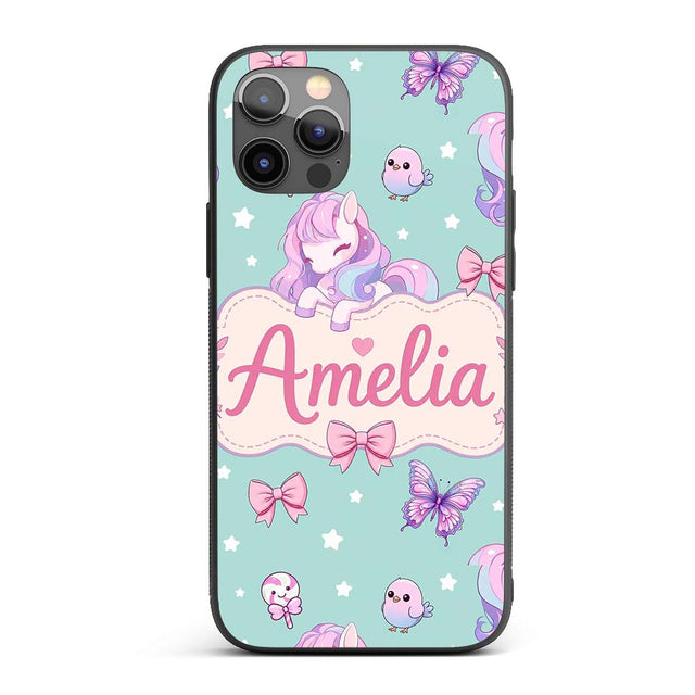 Cute Unicorn Pastel Stars Birds Bows Candy Mint Custom Name Protective Phone Case Mobile Cover Durable Everyday Smartphone Shock Resistant