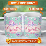 Personalized Custom Name Cute Unicorn Pastel Stars Birds Bows Candy Mint Seamless Pattern 11oz Ceramic Coffee Tea Mug White Large Handle