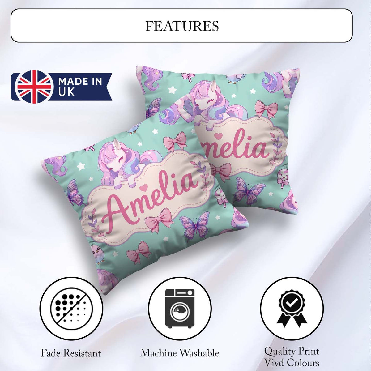 Custom Name Unicorn Stars Birds Bows Candy Mint Seamless Pattern Square Filled Cushion Throw Pillow Sofa Bed Home Decor Zip Washable UK Made