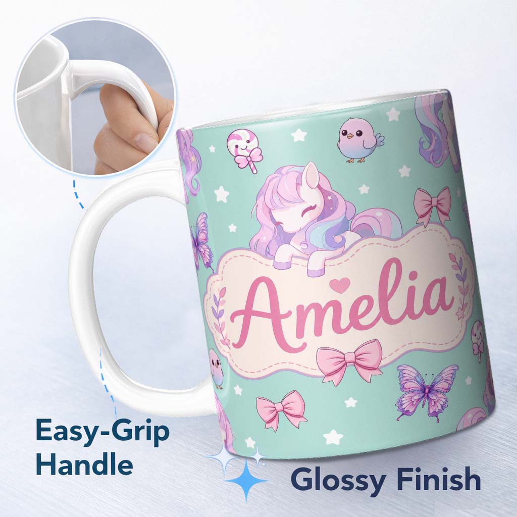 Personalized Custom Name Cute Unicorn Pastel Stars Birds Bows Candy Mint Seamless Pattern 11oz Ceramic Coffee Tea Mug White Large Handle