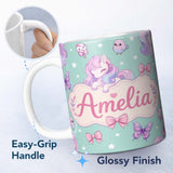 Personalized Custom Name Cute Unicorn Pastel Stars Birds Bows Candy Mint Seamless Pattern 11oz Ceramic Coffee Tea Mug White Large Handle