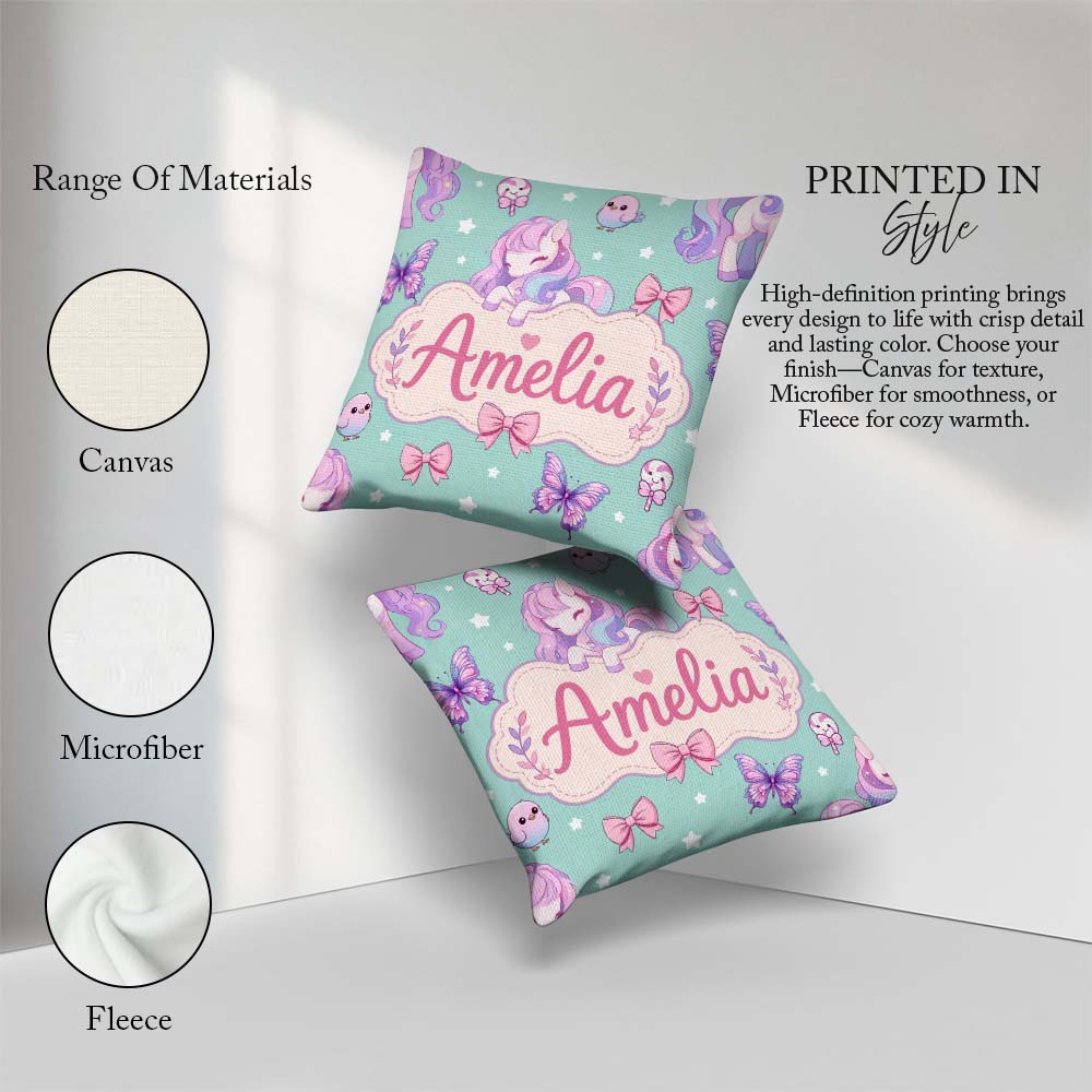 Custom Name Unicorn Stars Birds Bows Candy Mint Seamless Pattern Square Filled Cushion Throw Pillow Sofa Bed Home Decor Zip Washable UK Made