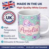 Personalized Custom Name Cute Unicorn Pastel Stars Birds Bows Candy Mint Seamless Pattern 11oz Ceramic Coffee Tea Mug White Large Handle
