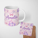 Personalized Custom Name Cute Unicorn Pastel Stars Birds Bows Candy Pink Seamless Pattern 11oz Ceramic Coffee Tea Mug White Large Handle