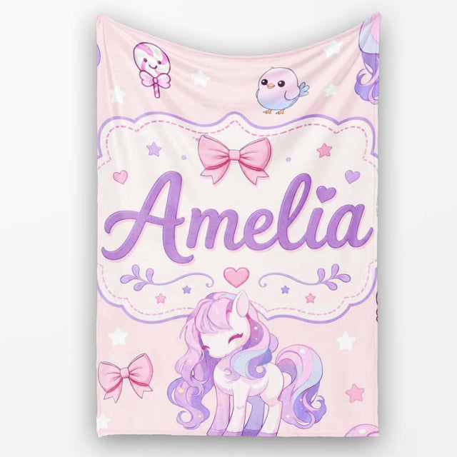 Cute Unicorn Pastel Stars Birds Bows Candy Pink Seamless Pattern  Personalised Custom Name Super Soft Fleece Blanket Bed Sofa Throw