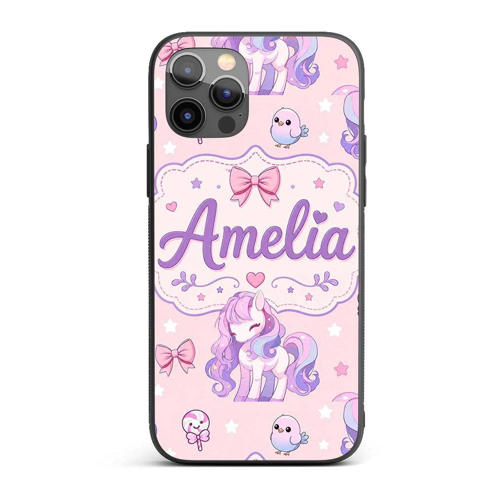 Cute Unicorn Pastel Stars Birds Bows Candy Pink Custom Name Protective Phone Case Mobile Cover Durable Everyday Smartphone Shock Resistant