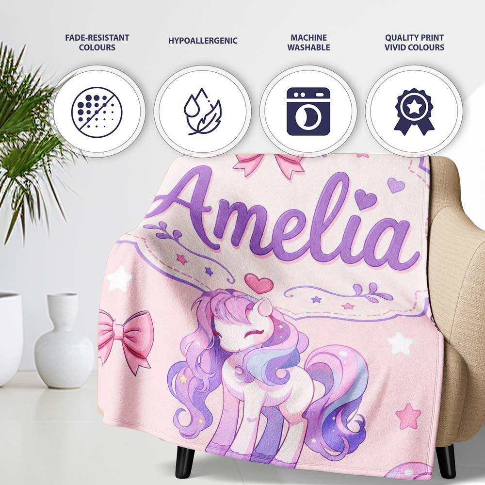 Cute Unicorn Pastel Stars Birds Bows Candy Pink Seamless Pattern  Personalised Custom Name Super Soft Fleece Blanket Bed Sofa Throw