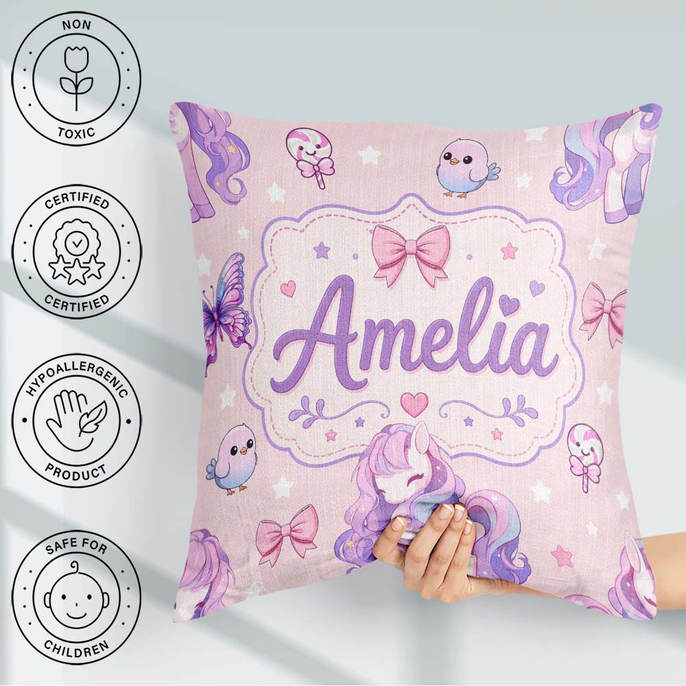 Custom Name Unicorn Stars Birds Bows Candy Pink Seamless Pattern Square Filled Cushion Throw Pillow Sofa Bed Home Decor Zip Washable UK Made