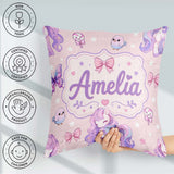 Custom Name Unicorn Stars Birds Bows Candy Pink Seamless Pattern Square Filled Cushion Throw Pillow Sofa Bed Home Decor Zip Washable UK Made