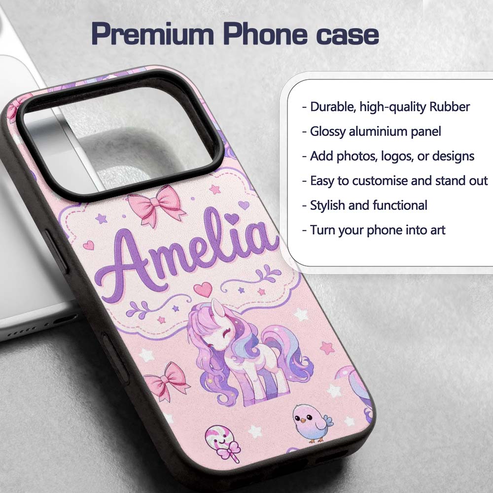 Cute Unicorn Pastel Stars Birds Bows Candy Pink Custom Name Protective Phone Case Mobile Cover Durable Everyday Smartphone Shock Resistant
