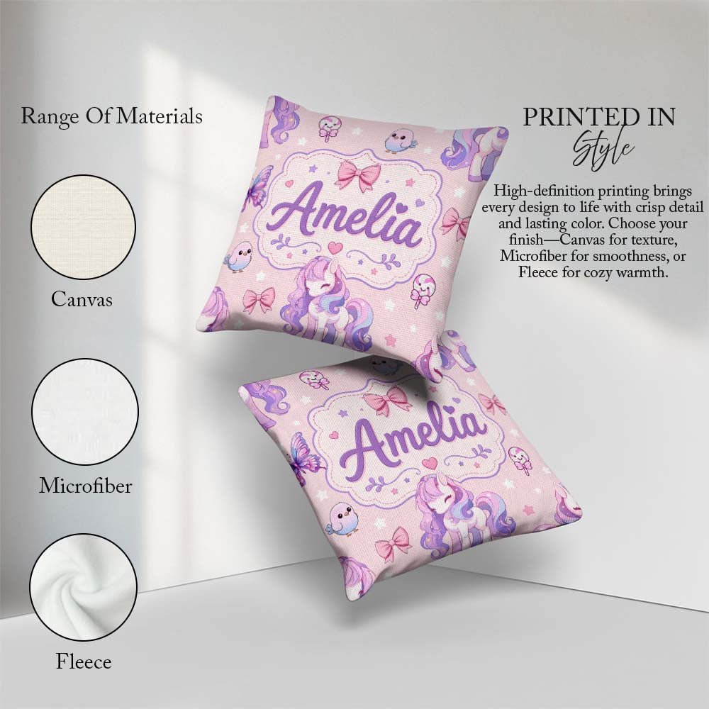 Custom Name Unicorn Stars Birds Bows Candy Pink Seamless Pattern Square Filled Cushion Throw Pillow Sofa Bed Home Decor Zip Washable UK Made