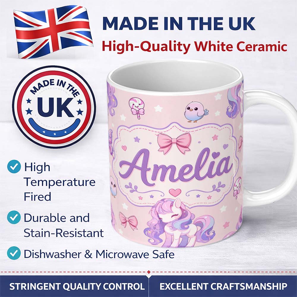 Personalized Custom Name Cute Unicorn Pastel Stars Birds Bows Candy Pink Seamless Pattern 11oz Ceramic Coffee Tea Mug White Large Handle