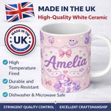 Personalized Custom Name Cute Unicorn Pastel Stars Birds Bows Candy Pink Seamless Pattern 11oz Ceramic Coffee Tea Mug White Large Handle