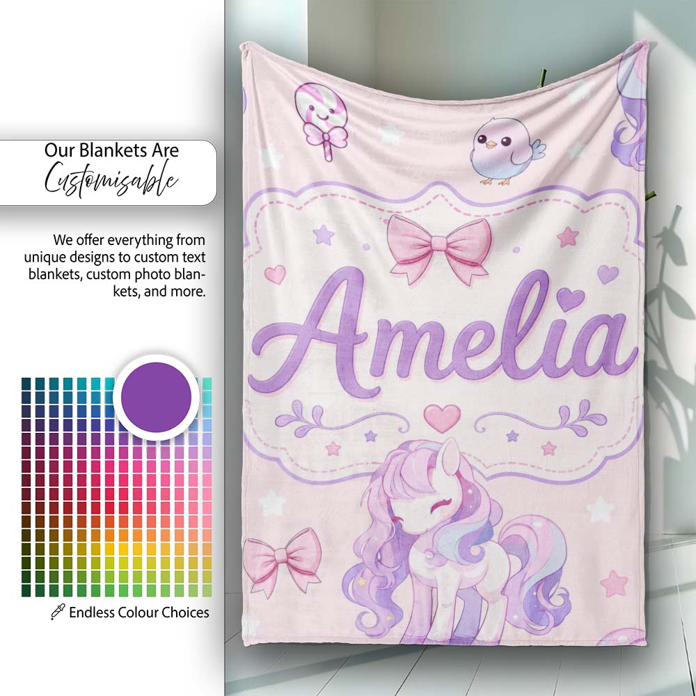 Cute Unicorn Pastel Stars Birds Bows Candy Pink Seamless Pattern  Personalised Custom Name Super Soft Fleece Blanket Bed Sofa Throw