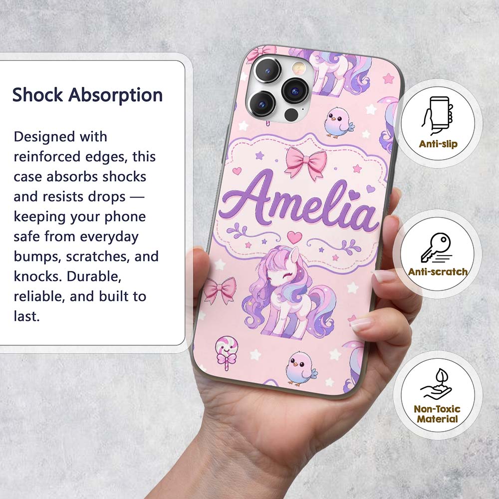 Cute Unicorn Pastel Stars Birds Bows Candy Pink Custom Name Protective Phone Case Mobile Cover Durable Everyday Smartphone Shock Resistant