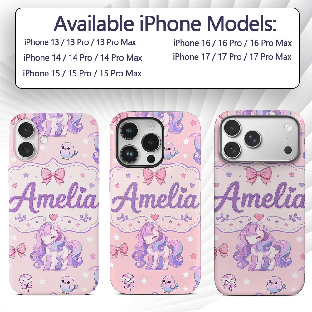 Cute Unicorn Pastel Stars Birds Bows Candy Pink Custom Name Protective Phone Case Mobile Cover Durable Everyday Smartphone Shock Resistant