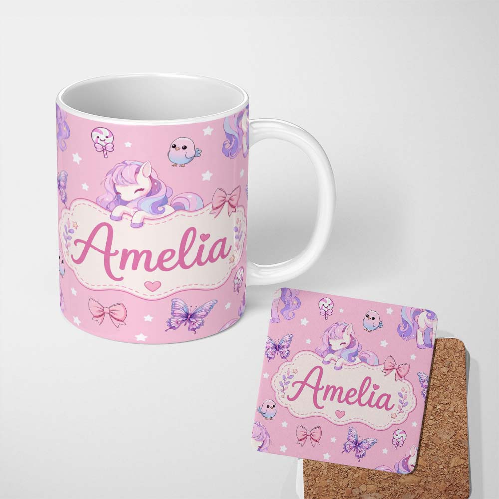 Personalized Custom Name Cute Unicorn Pastel Stars Birds Bows Candy Pink Seamless Pattern 11oz Ceramic Coffee Tea Mug White Large Handle