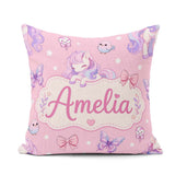 Custom Name Unicorn Stars Birds Bows Candy Pink Seamless Pattern Square Filled Cushion Throw Pillow Sofa Bed Home Decor Zip Washable UK Made