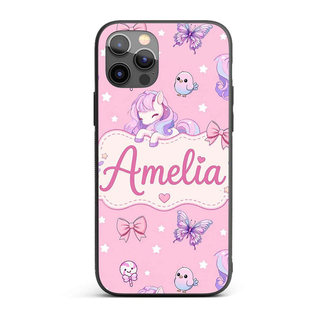 Cute Unicorn Pastel Stars Birds Bows Candy Pink Custom Name Protective Phone Case Mobile Cover Durable Everyday Smartphone Shock Resistant