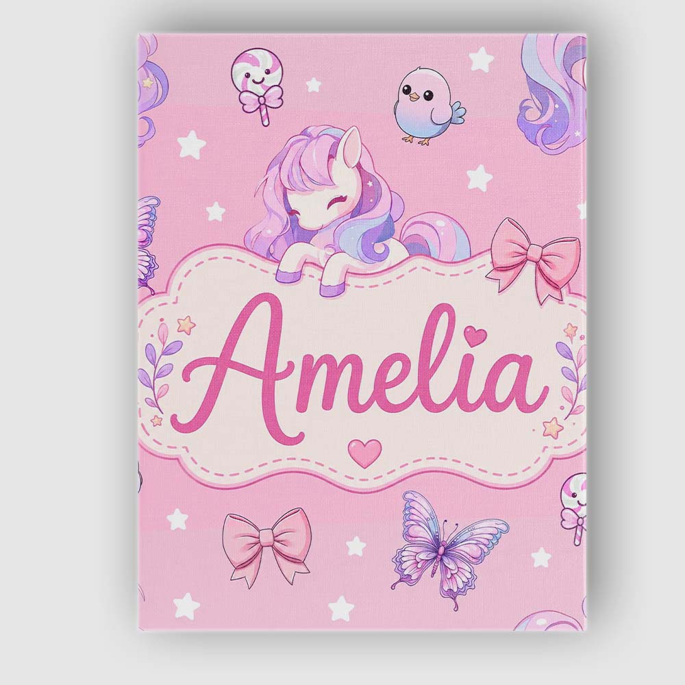 Personalised Name Cute Unicorn Pastel Stars Custom  Bespoke Interior Contemporary Canvas Wall Art Print Decor Picture Ready to Hang