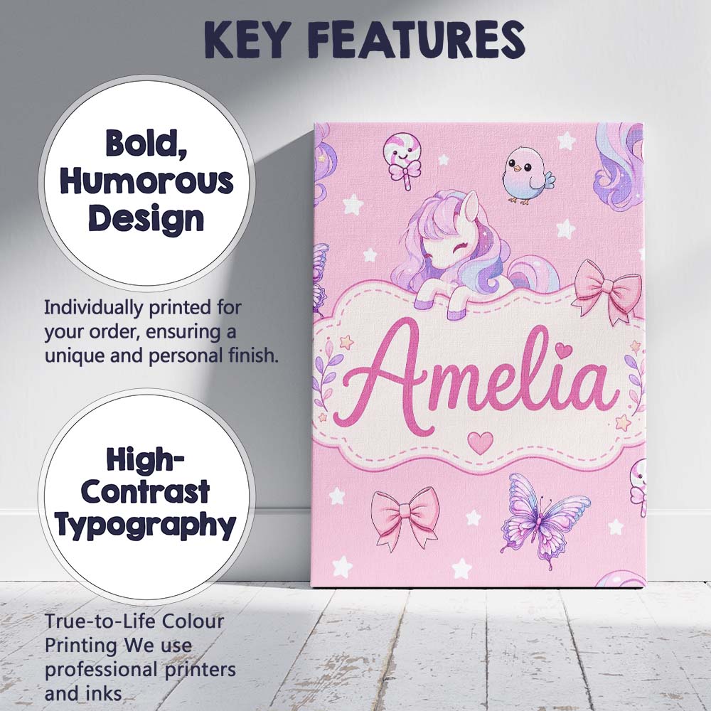Personalised Name Cute Unicorn Pastel Stars Custom  Bespoke Interior Contemporary Canvas Wall Art Print Decor Picture Ready to Hang