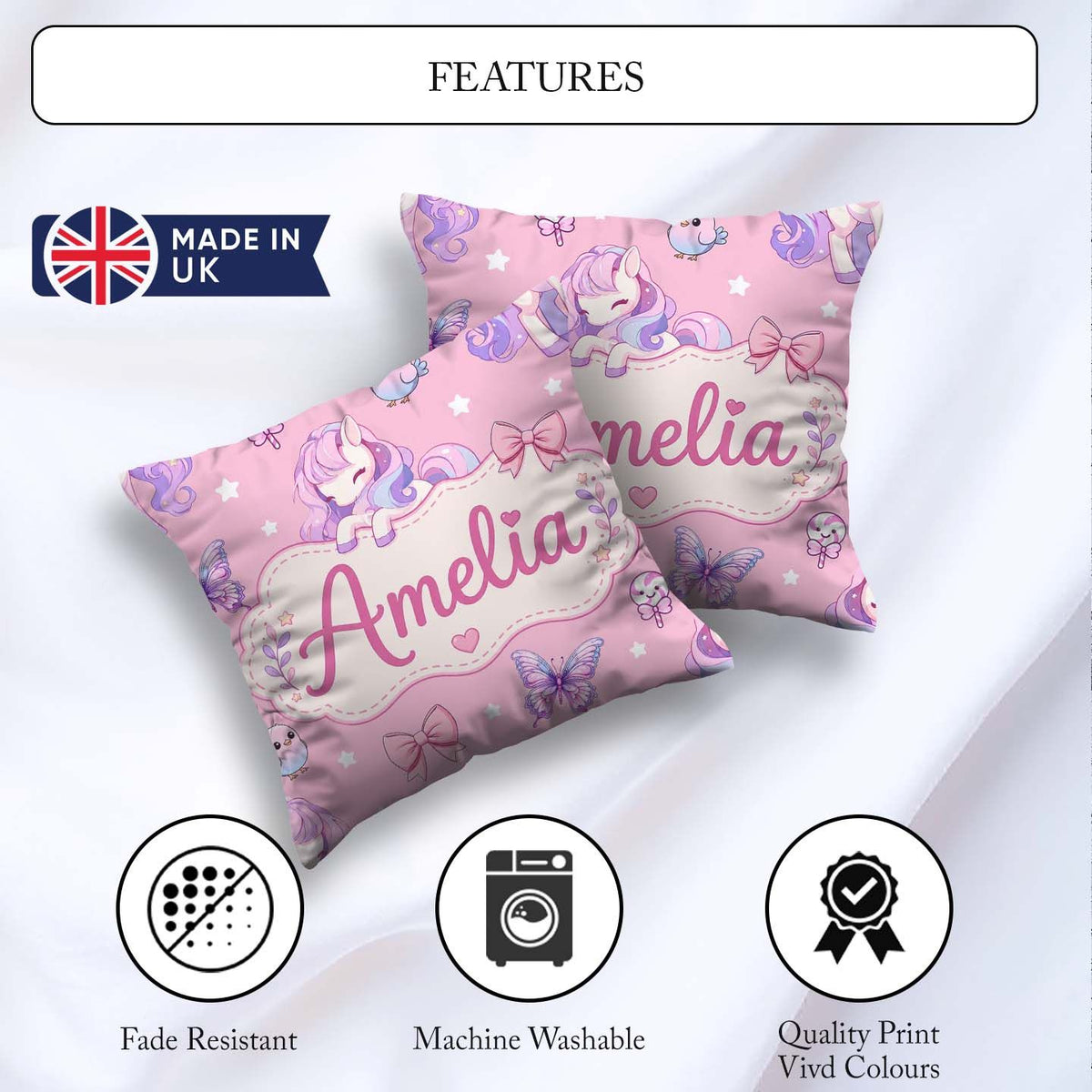 Custom Name Unicorn Stars Birds Bows Candy Pink Seamless Pattern Square Filled Cushion Throw Pillow Sofa Bed Home Decor Zip Washable UK Made