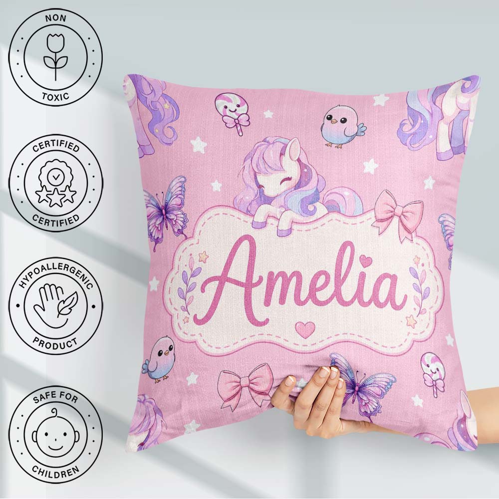Custom Name Unicorn Stars Birds Bows Candy Pink Seamless Pattern Square Filled Cushion Throw Pillow Sofa Bed Home Decor Zip Washable UK Made
