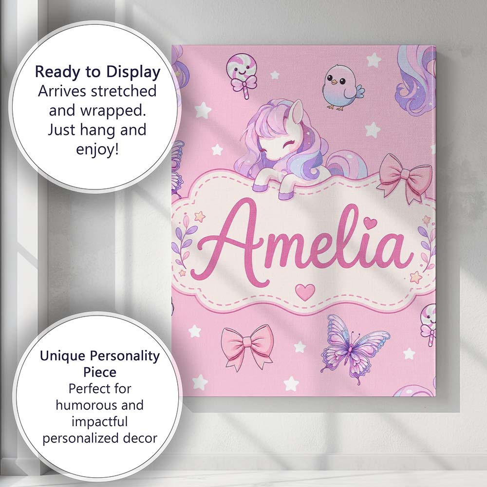 Personalised Name Cute Unicorn Pastel Stars Custom  Bespoke Interior Contemporary Canvas Wall Art Print Decor Picture Ready to Hang