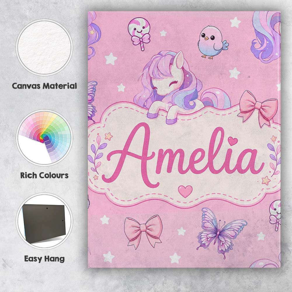 Personalised Name Cute Unicorn Pastel Stars Custom  Bespoke Interior Contemporary Canvas Wall Art Print Decor Picture Ready to Hang