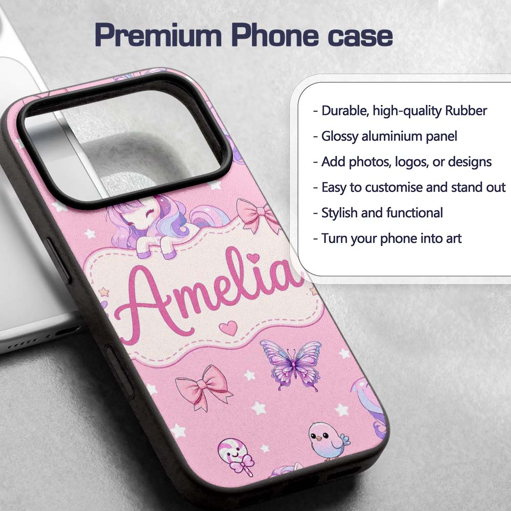 Cute Unicorn Pastel Stars Birds Bows Candy Pink Custom Name Protective Phone Case Mobile Cover Durable Everyday Smartphone Shock Resistant