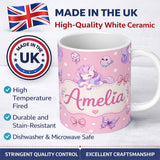 Personalized Custom Name Cute Unicorn Pastel Stars Birds Bows Candy Pink Seamless Pattern 11oz Ceramic Coffee Tea Mug White Large Handle