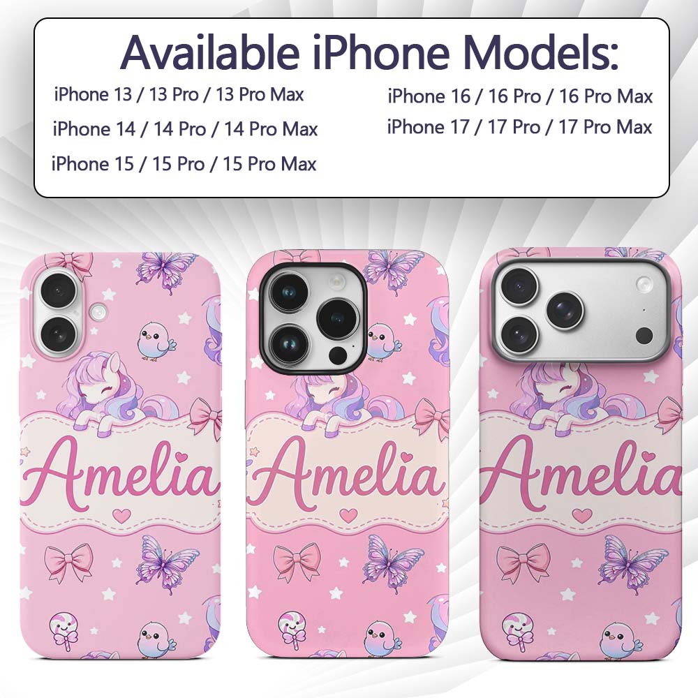 Cute Unicorn Pastel Stars Birds Bows Candy Pink Custom Name Protective Phone Case Mobile Cover Durable Everyday Smartphone Shock Resistant