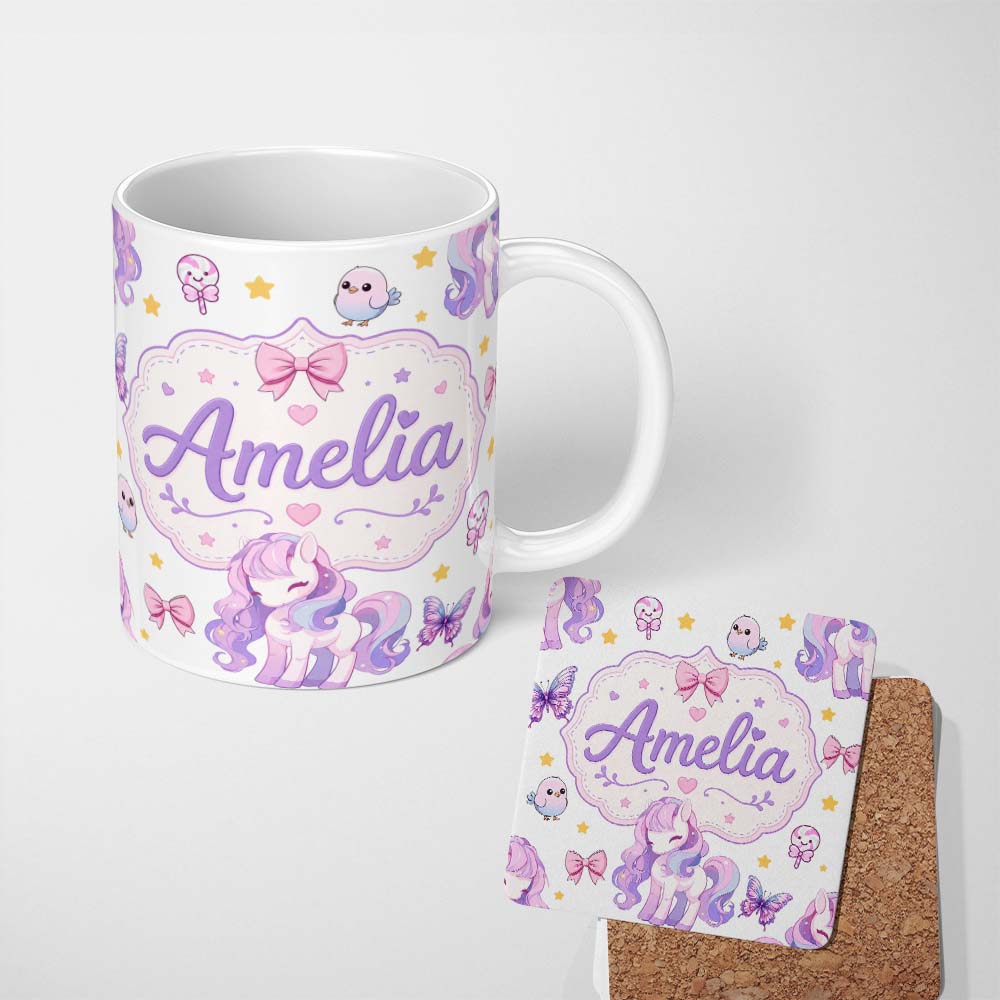 Personalized Custom Name Cute Unicorn Pastel Stars Birds Bows Candy Grey Seamless Pattern 11oz Ceramic Coffee Tea Mug White Large Handle