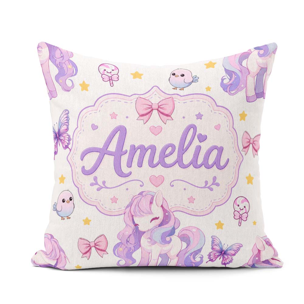 Custom Name Unicorn Stars Birds Bows Candy Grey Seamless Pattern Square Filled Cushion Throw Pillow Sofa Bed Home Decor Zip Washable UK Made