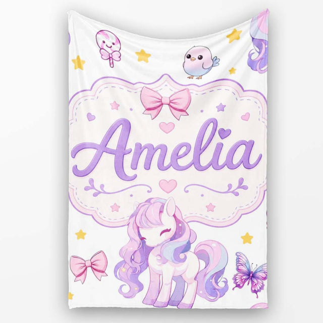 Cute Unicorn Pastel Stars Birds Bows Candy Grey Seamless Pattern  Personalised Custom Name Super Soft Fleece Blanket Bed Sofa Throw