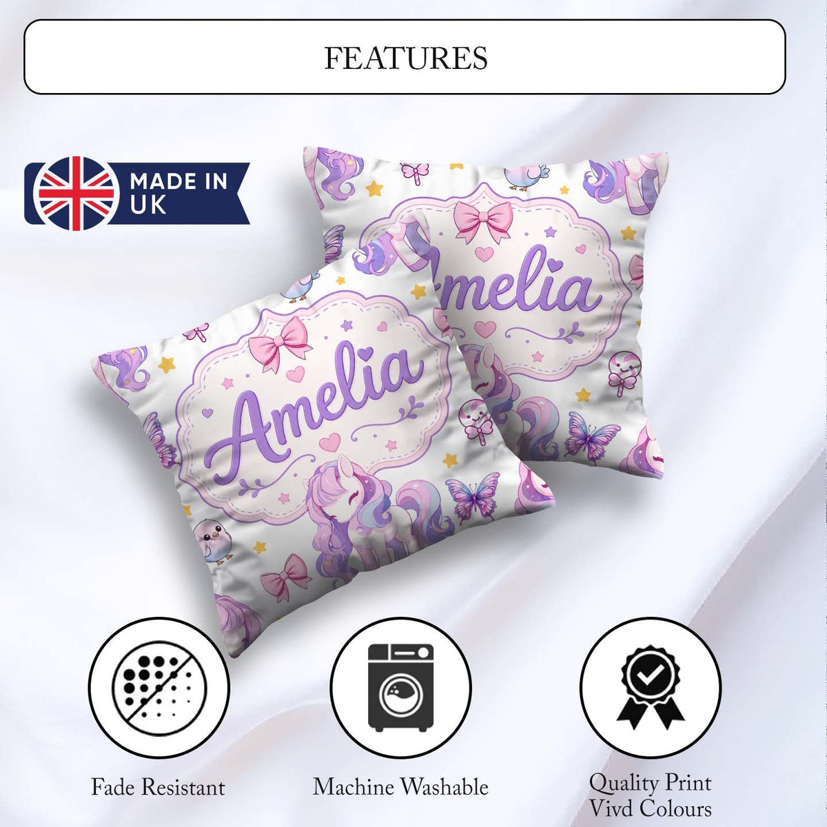 Custom Name Unicorn Stars Birds Bows Candy Grey Seamless Pattern Square Filled Cushion Throw Pillow Sofa Bed Home Decor Zip Washable UK Made