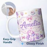 Personalized Custom Name Cute Unicorn Pastel Stars Birds Bows Candy Grey Seamless Pattern 11oz Ceramic Coffee Tea Mug White Large Handle