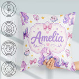 Custom Name Unicorn Stars Birds Bows Candy Grey Seamless Pattern Square Filled Cushion Throw Pillow Sofa Bed Home Decor Zip Washable UK Made