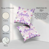 Custom Name Unicorn Stars Birds Bows Candy Grey Seamless Pattern Square Filled Cushion Throw Pillow Sofa Bed Home Decor Zip Washable UK Made