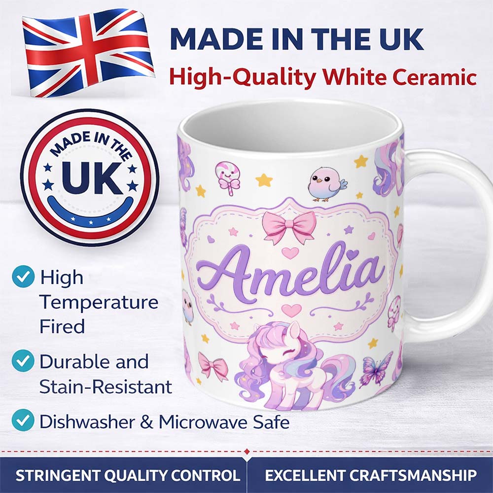 Personalized Custom Name Cute Unicorn Pastel Stars Birds Bows Candy Grey Seamless Pattern 11oz Ceramic Coffee Tea Mug White Large Handle