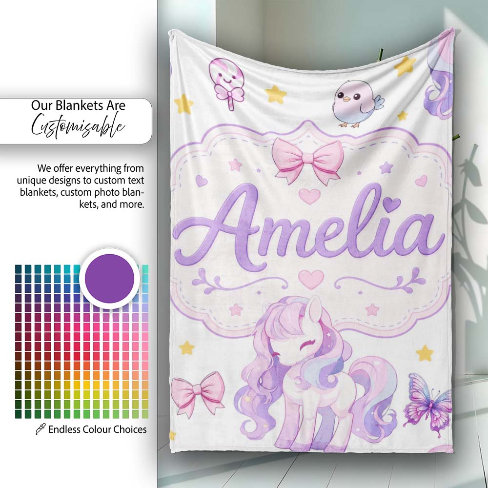 Cute Unicorn Pastel Stars Birds Bows Candy Grey Seamless Pattern  Personalised Custom Name Super Soft Fleece Blanket Bed Sofa Throw