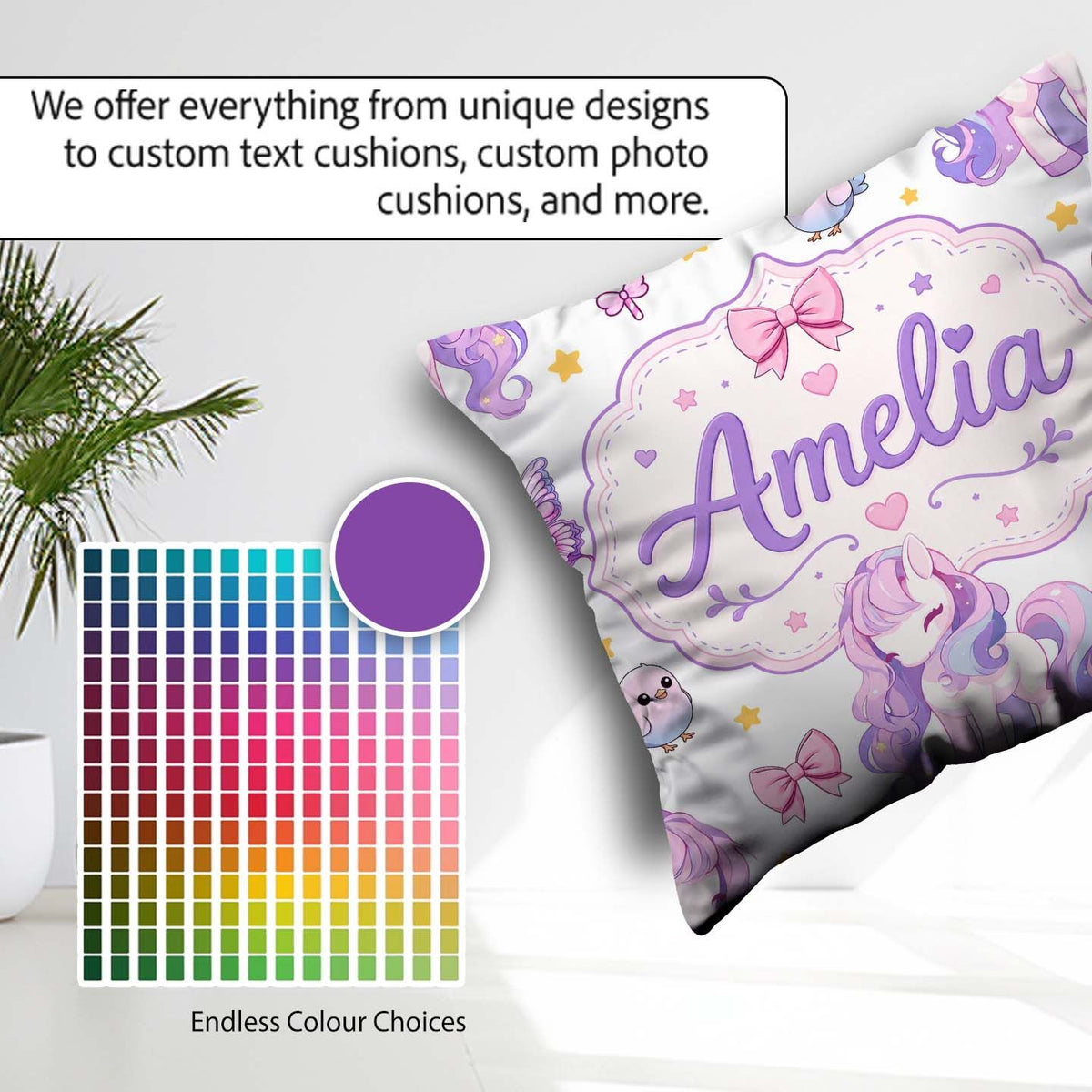 Custom Name Unicorn Stars Birds Bows Candy Grey Seamless Pattern Square Filled Cushion Throw Pillow Sofa Bed Home Decor Zip Washable UK Made