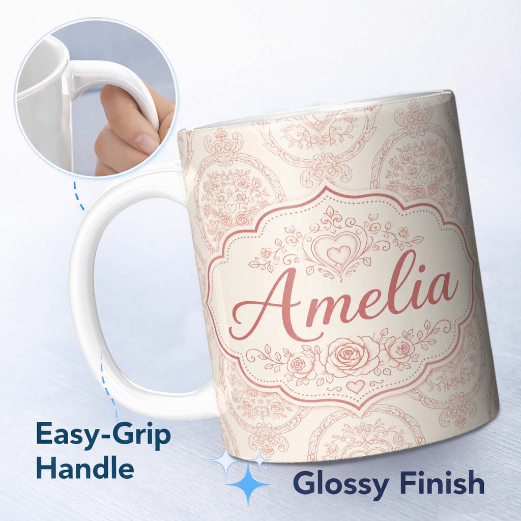 Personalized Custom Name Elegant Vintage Heart Frame Floral Medallion Seamless Pattern Design 11oz Ceramic Coffee Tea Mug White Large Handle