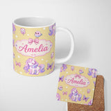 Personalized Custom Name Cute Unicorn Pastel Stars Birds Bows Candy Yellow Seamless Pattern 11oz Ceramic Coffee Tea Mug White Large Handle