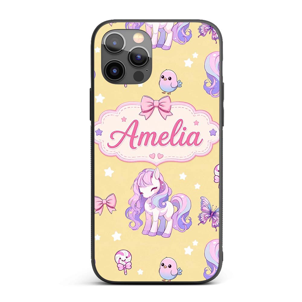 Cute Unicorn Pastel Stars Birds Bows Candy Yellow Custom Name Protective Phone Case Mobile Cover Durable Everyday Smartphone Shock Resistant